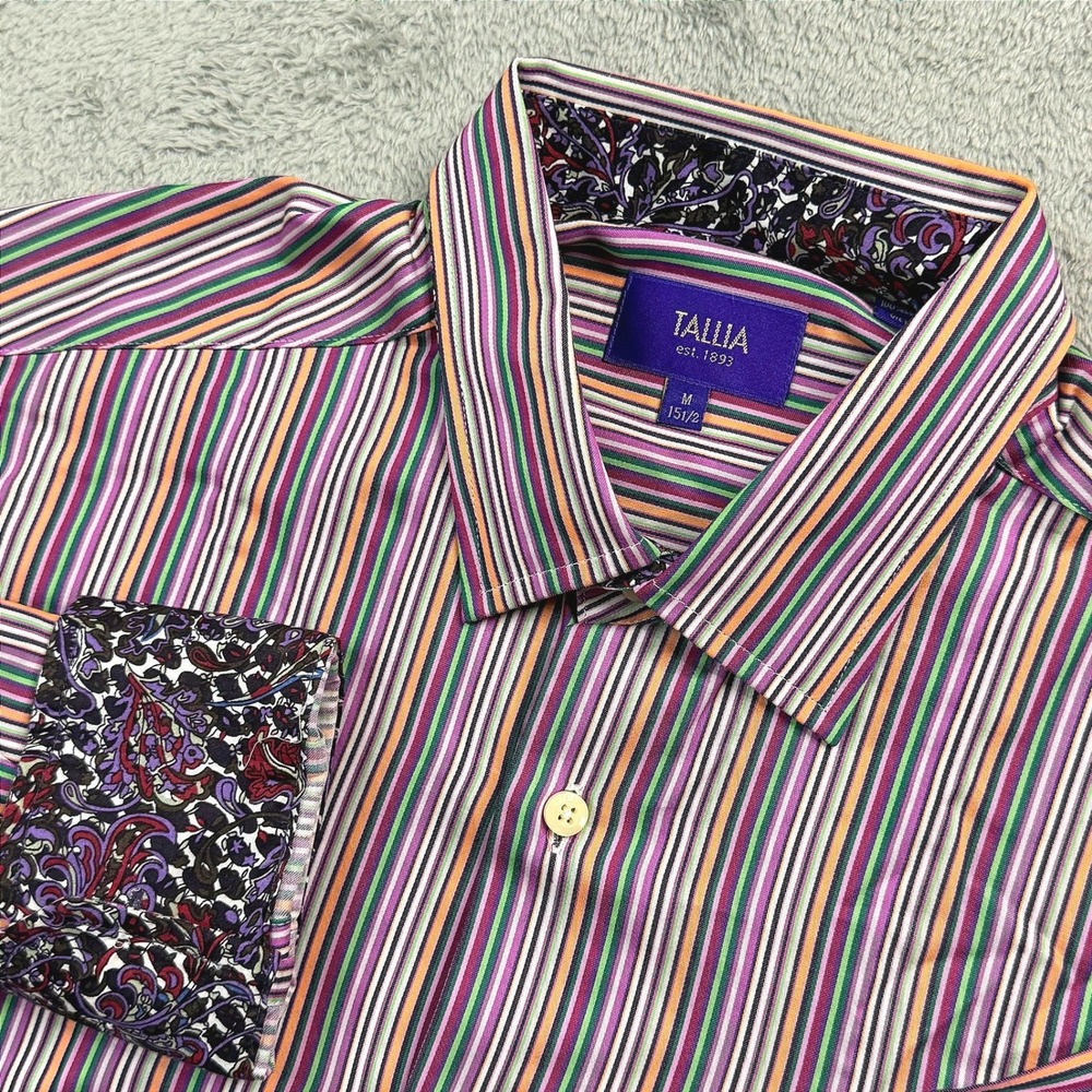 Tallia Orange Mens Medium Striped Button Up Shirt Paisley Cuffs Purple 15.5 Med